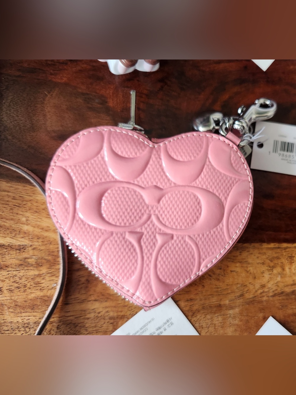 Coach Pink Heart Coin Pouch with Signature Emboss